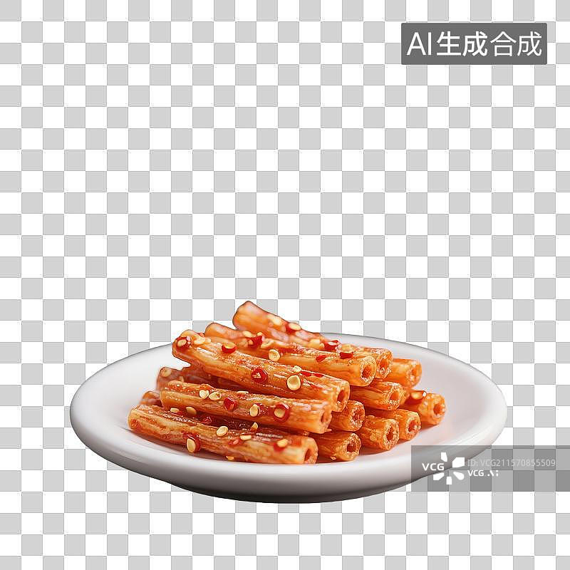 【AI数字艺术】3D建模的迷你美味辣条置于盘中图片素材