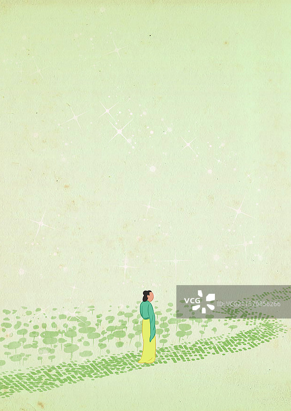 中国风新中式古风古典传统文化古装古人古代古时候历史国学经典湖边散步女子女孩背影夏天插画图片素材
