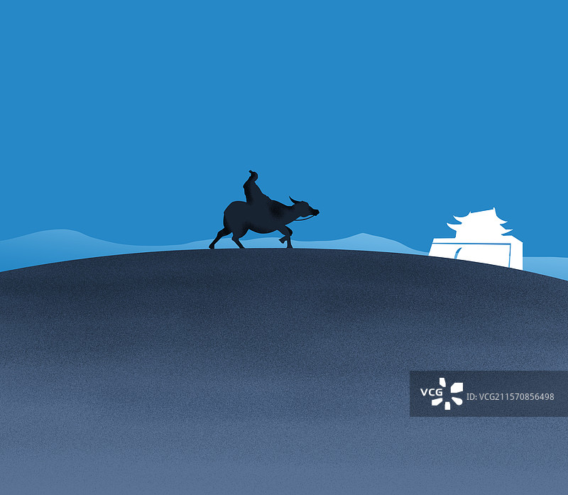 中国风古风古典传统文化春秋战国老子李耳骑牛出函谷关城楼剪影意境插画图片素材