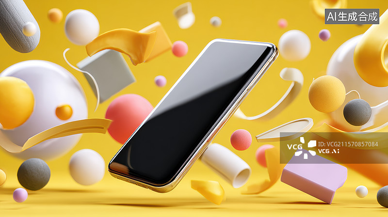 【AI数字艺术】手机与抽象几何图形的创意组合图片素材