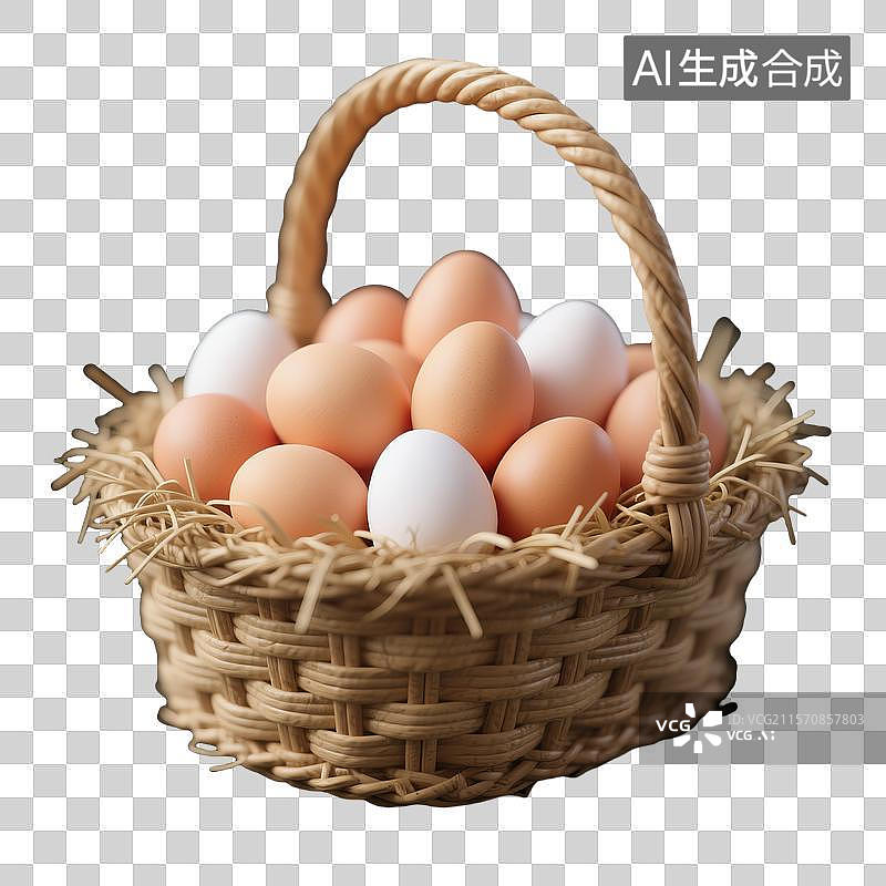 【AI数字艺术】3D建模的草编篮子装迷你鸡蛋图片素材