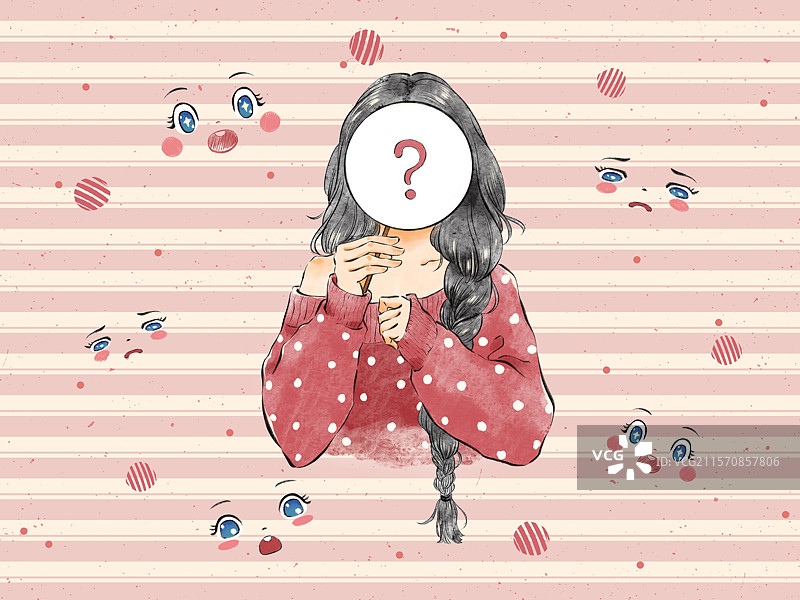 手绘红色复古风女孩拿着扇子遮住脸的插画壁纸图片素材