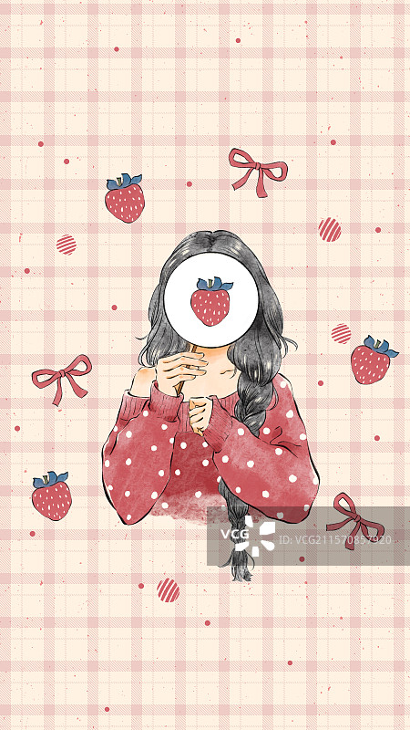 手绘红色复古风女孩拿着扇子遮住脸的插画壁纸图片素材