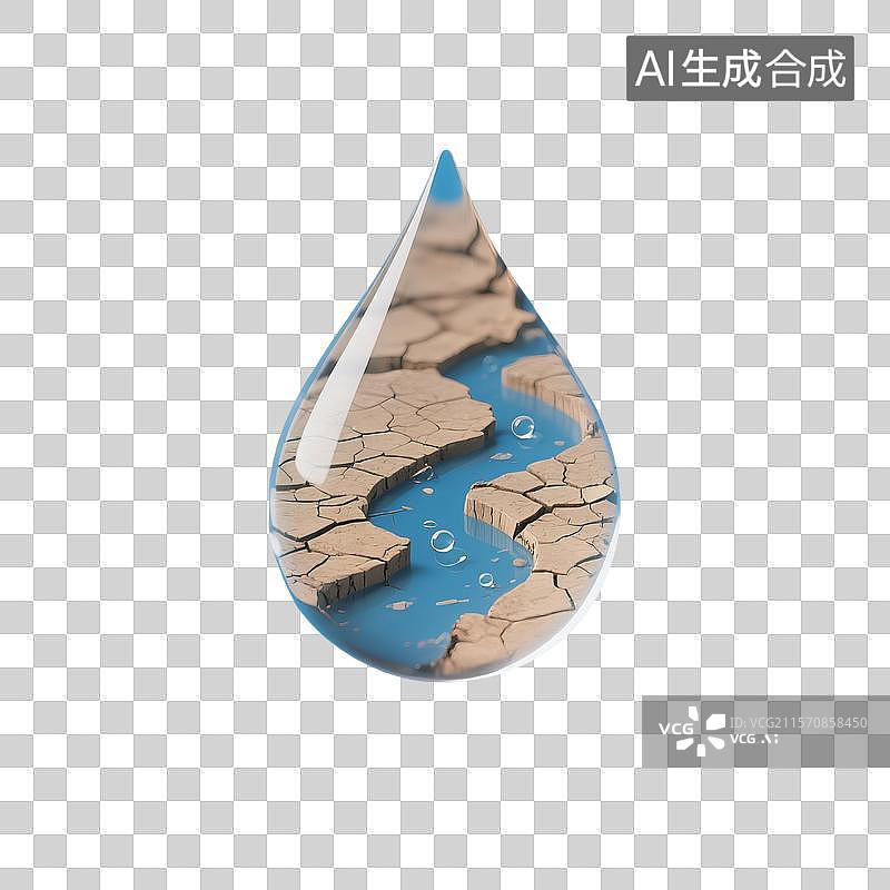 【AI数字艺术】3D建模的迷你水滴里的干涸河床和河流特写图片素材