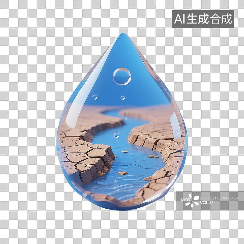 【AI数字艺术】3D建模的迷你水滴里的干涸河床和河流特写图片素材