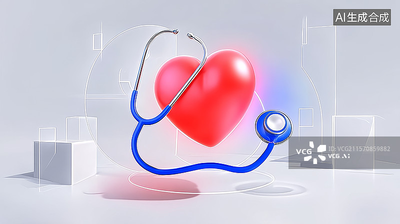 【AI数字艺术】听诊器环绕红心的医疗概念图图片素材