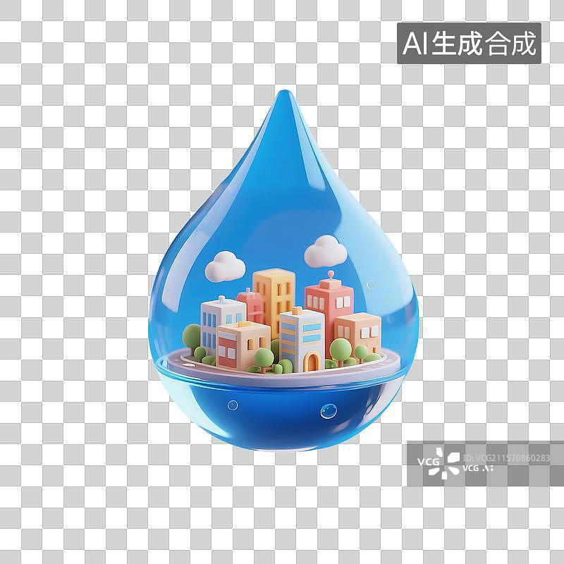 【AI数字艺术】一滴蓝色的水滴里城市建筑物图片素材