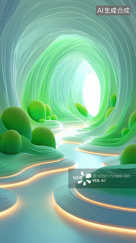 【AI数字艺术】未来主义绿色隧道景观图片素材