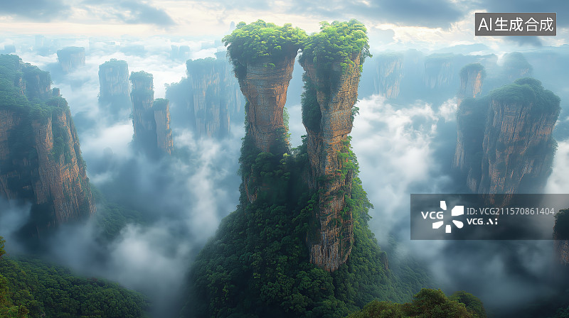 【AI数字艺术】云雾缭绕的大自然山峰风光图片素材