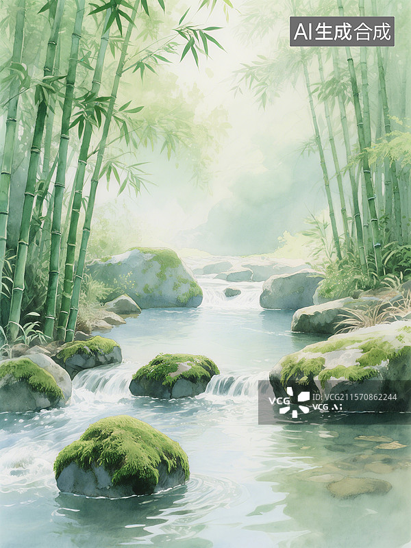 【AI数字艺术】竹林间溪流潺潺，青苔覆盖的石头点缀其中，阳光透过竹叶洒下斑驳光影图片素材