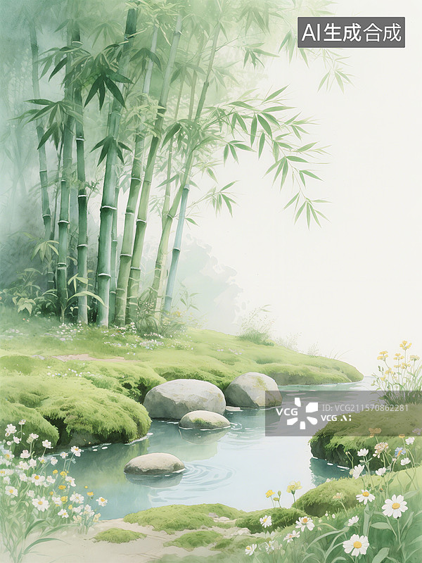 【AI数字艺术】竹林旁小溪流过，溪中石头点缀，岸边绿草与野花相映成趣，雾气缭绕宁静自然图片素材