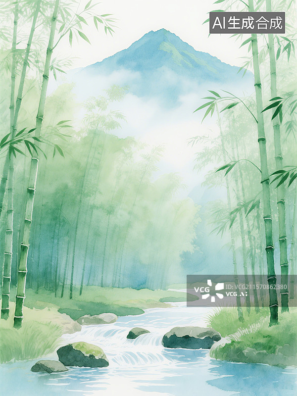 【AI数字艺术】竹林环绕溪流潺潺，远处青山云雾缭绕，景色宁静清新图片素材
