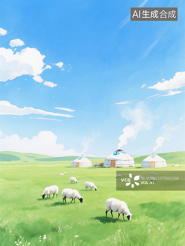 【AI数字艺术】蓝天白云下，绿草如茵的草原上，羊群悠闲吃草，远处蒙古包炊烟袅袅图片素材