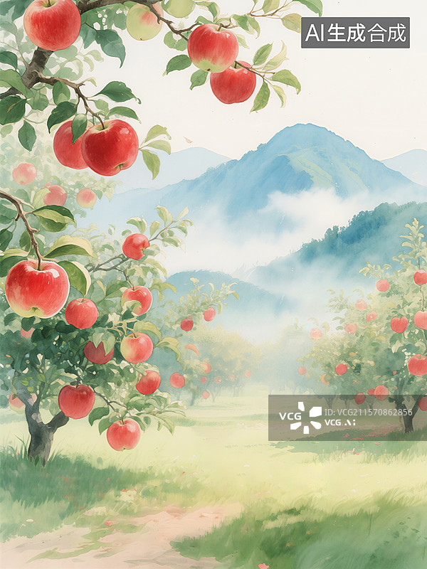 【AI数字艺术】苹果树上挂满红苹果，远处是青山绿树和云雾缭绕的果园景象图片素材