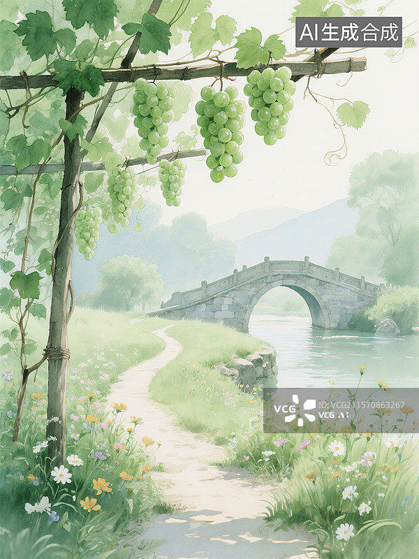 【AI数字艺术】葡萄藤下小桥流水旁，野花盛开绿意盎然的田园风光图片素材