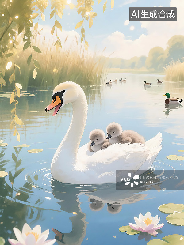 【AI数字艺术】天鹅妈妈与宝宝图片素材