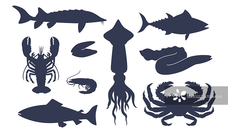 一组黑色孤立的海洋动物剪影图片素材