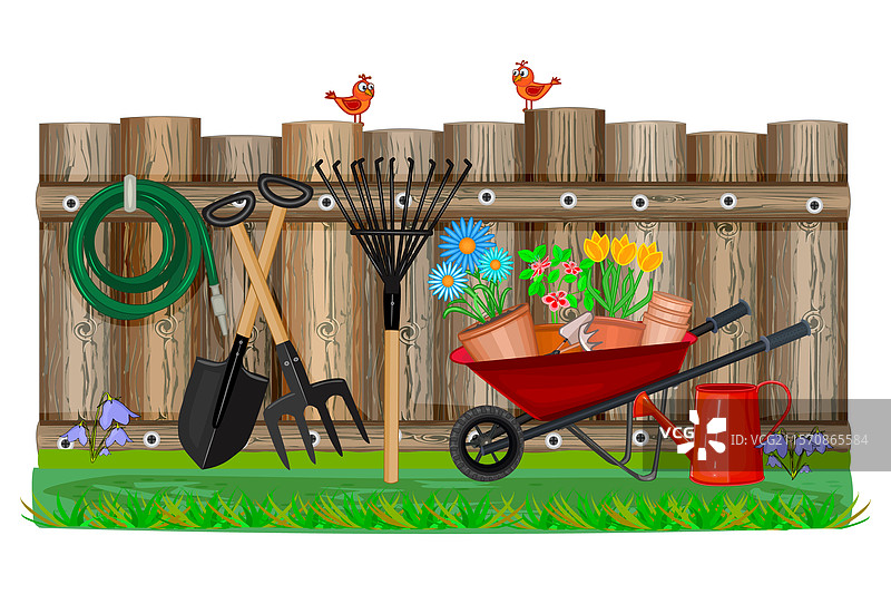 园艺概念：带花盆的园艺手推车图片素材