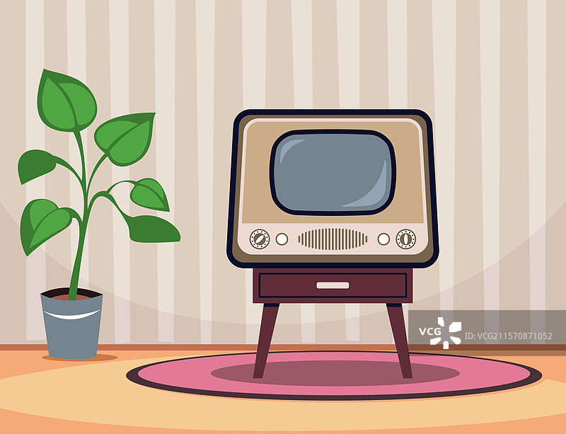 带有复古老电视的房间内部图片素材