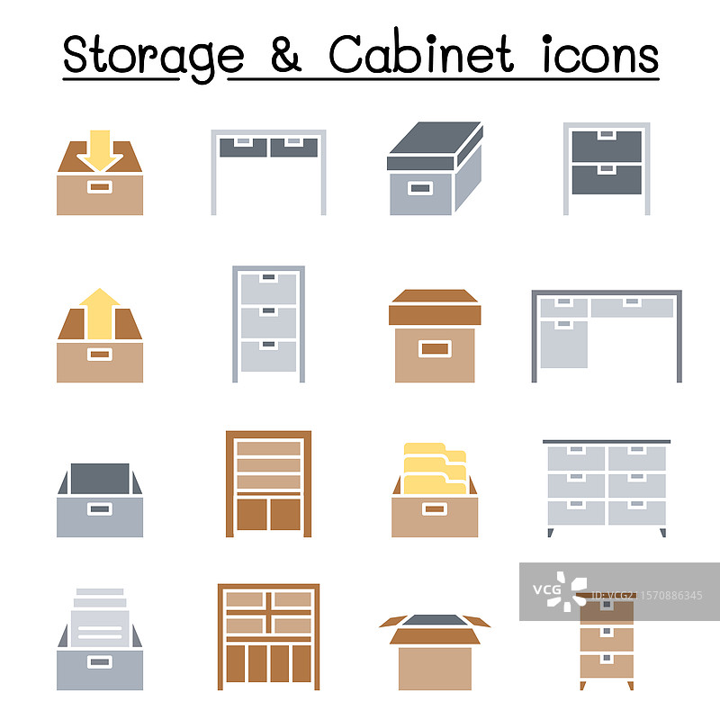 平面风格的橱柜抽屉桌子和储物图标集图片素材