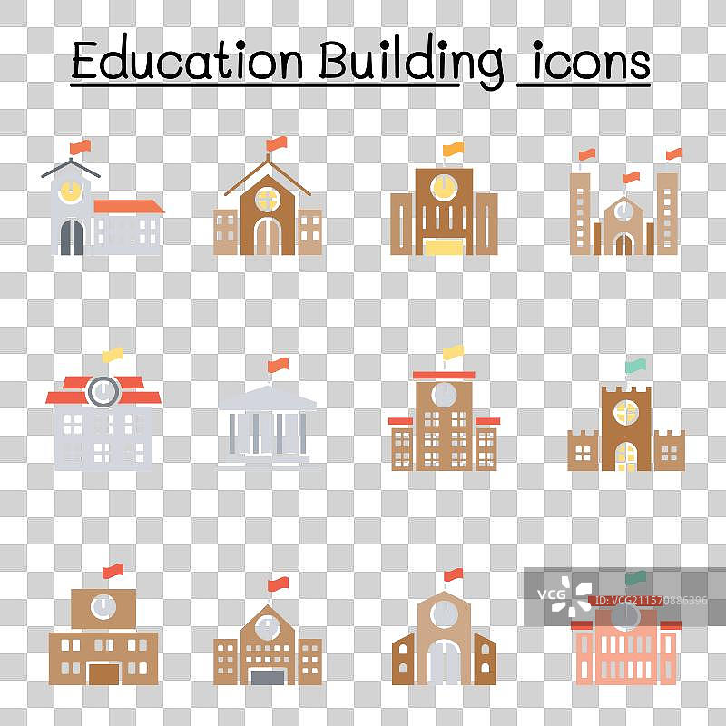 平面色彩风格的学校建筑图标集图片素材