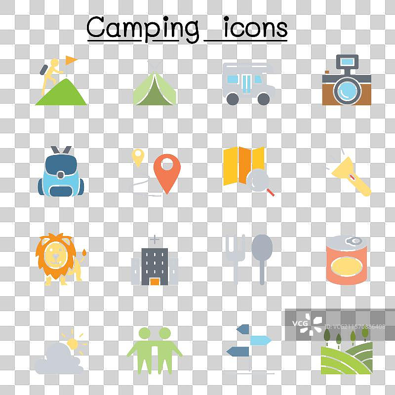 平面色彩风格的露营和徒步旅行图标集图片素材
