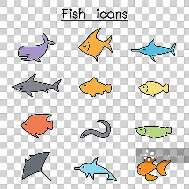 彩色线条风格的鱼图标集图片素材