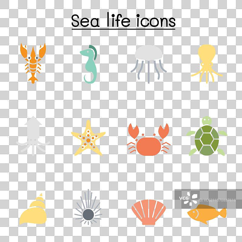 平面色彩风格的海洋生物图标集图片素材