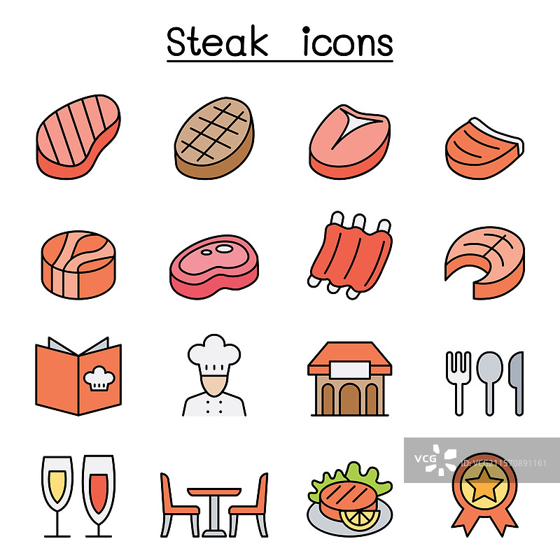 彩色线条风格的牛排图标集图片素材