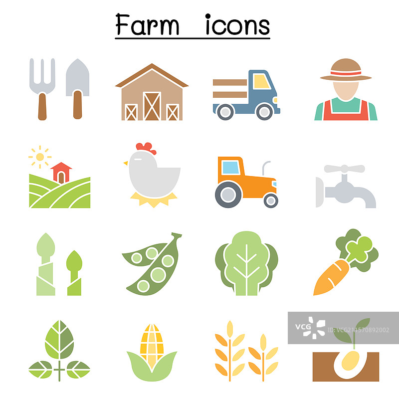平面色彩的农业和农场图标集图片素材