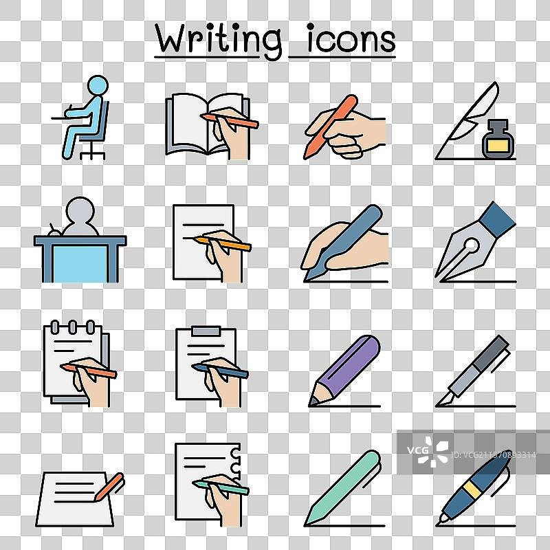 彩色线条风格的写作图标集图片素材