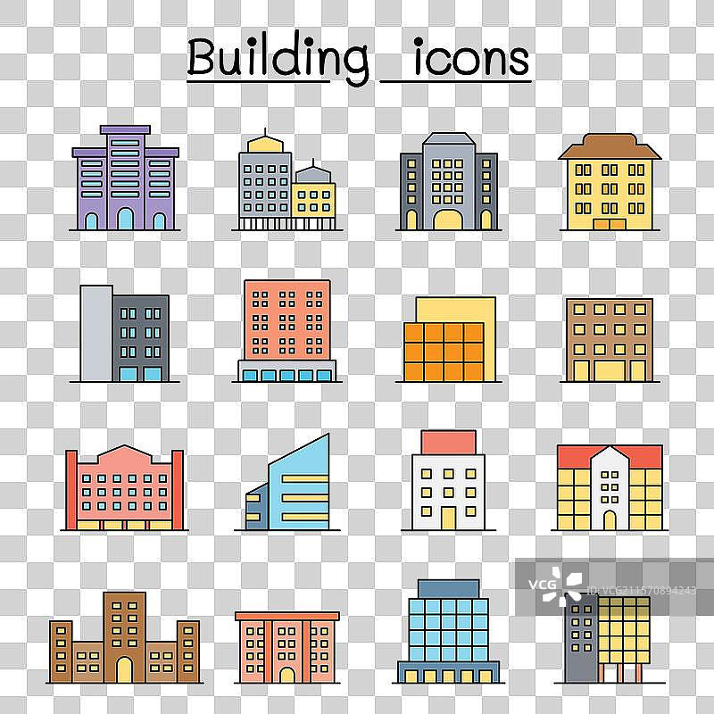 彩色线条风格的建筑图标集图片素材