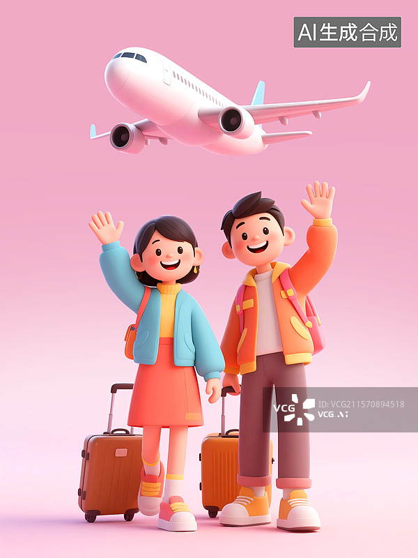 【AI数字艺术】3D三维C4D情侣青年伴侣拉着行李箱旅行箱搭乘飞机去旅游旅行度假恋爱约会蜜月图片素材