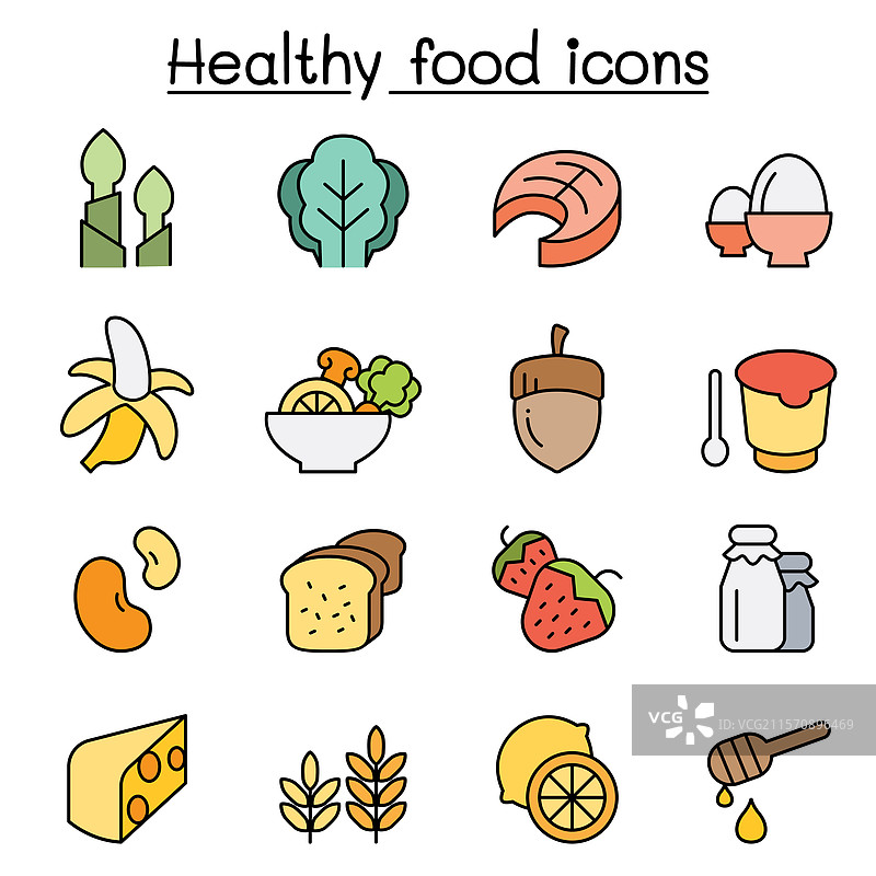 彩色线条风格的健康食品图标集图片素材