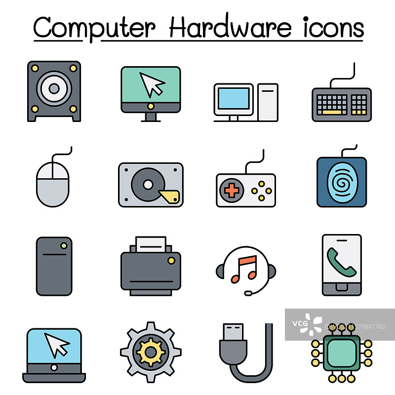 彩色线条风格的计算机硬件图标集图片素材
