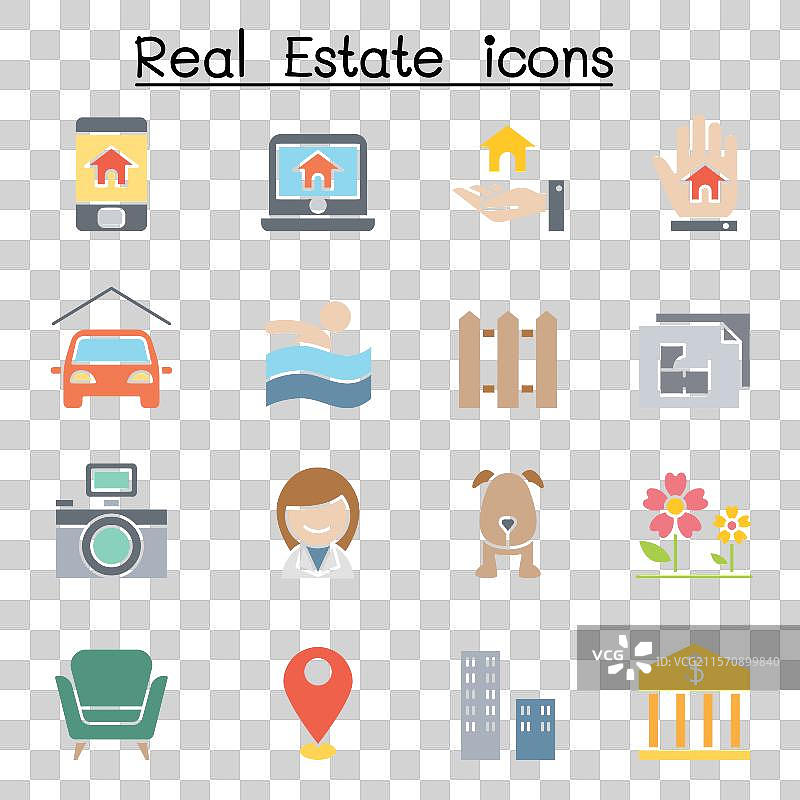 房地产图标集，扁平色彩风格图片素材