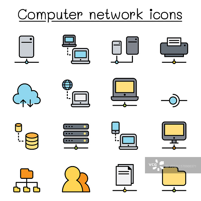 彩色线条风格的计算机网络图标集图片素材