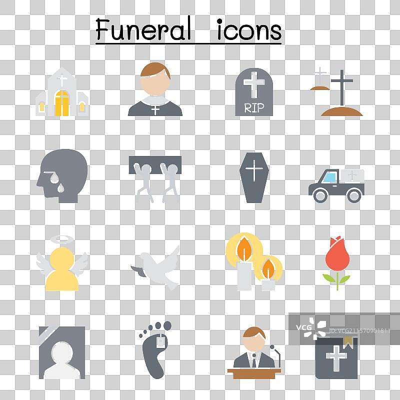 葬礼和埋葬图标集，扁平色彩风格图片素材