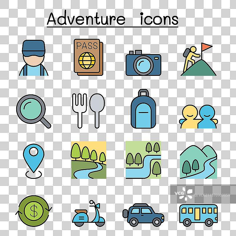 彩色露营冒险与旅游图标集图片素材