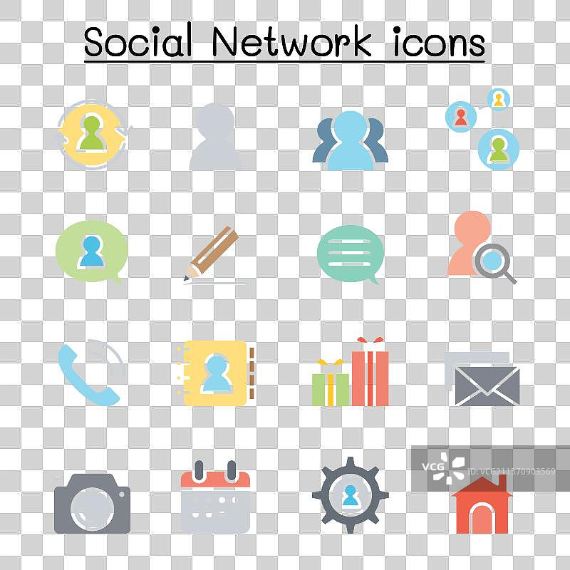 扁平色彩风格的社交网络图标集图片素材