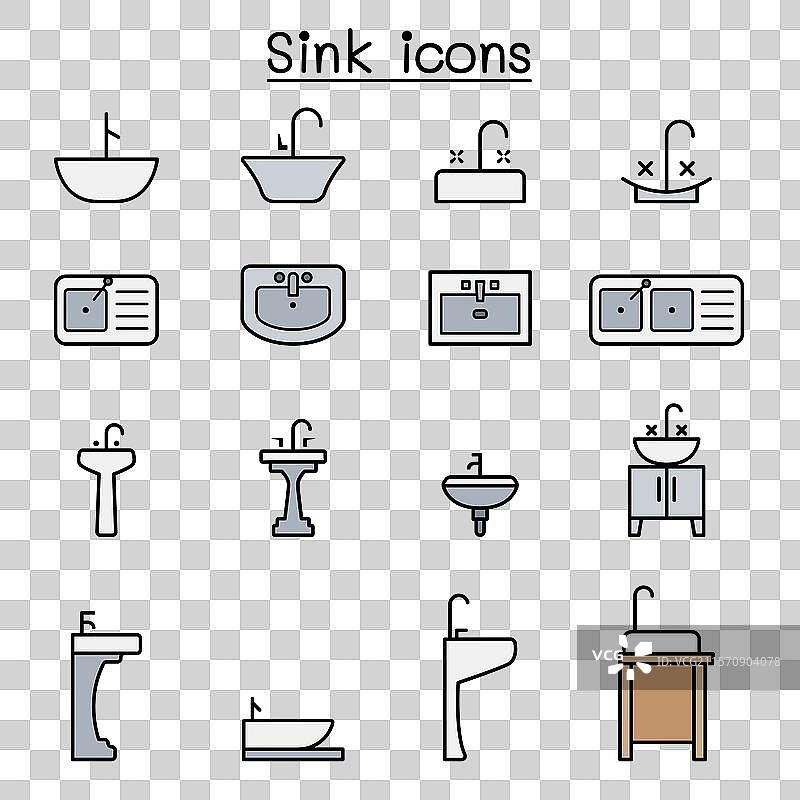 彩色线条风格的水槽图标集图片素材