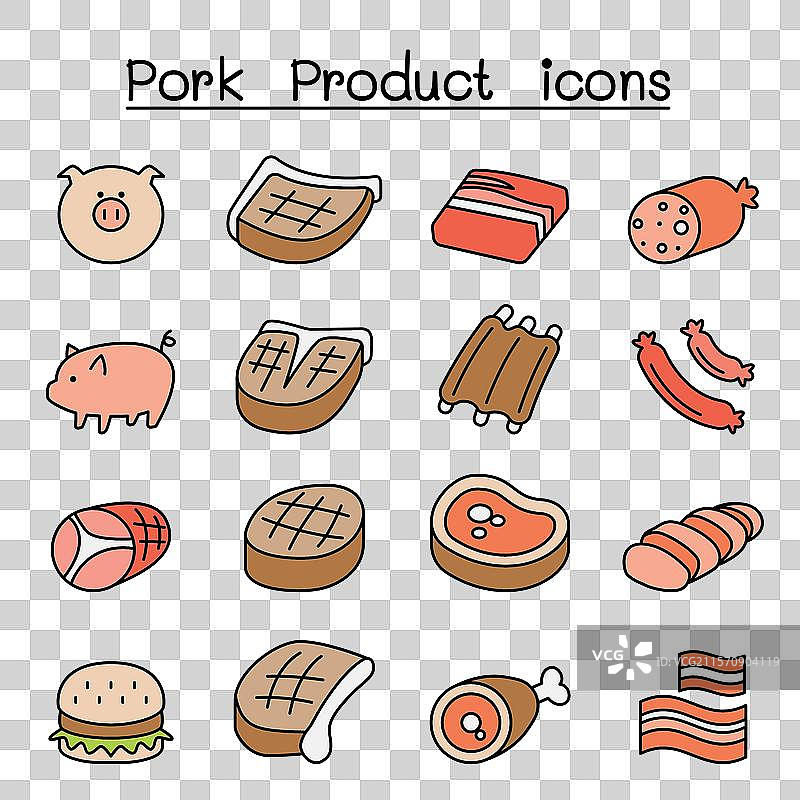 彩色线条风格的猪和猪肉产品图标集图片素材