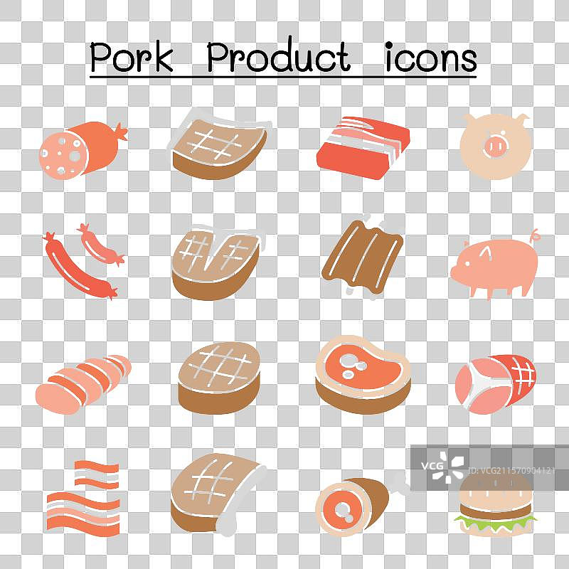 猪和猪肉产品图标集，采用平面色彩风格图片素材