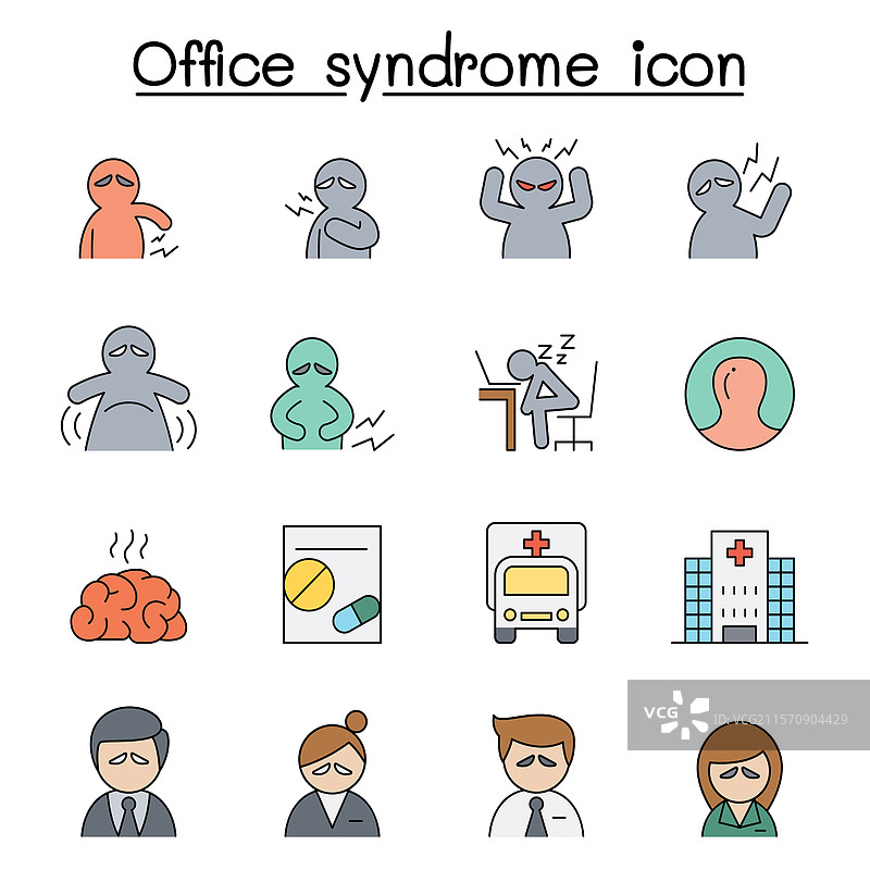 彩色线条风格的办公室综合症图标集图片素材