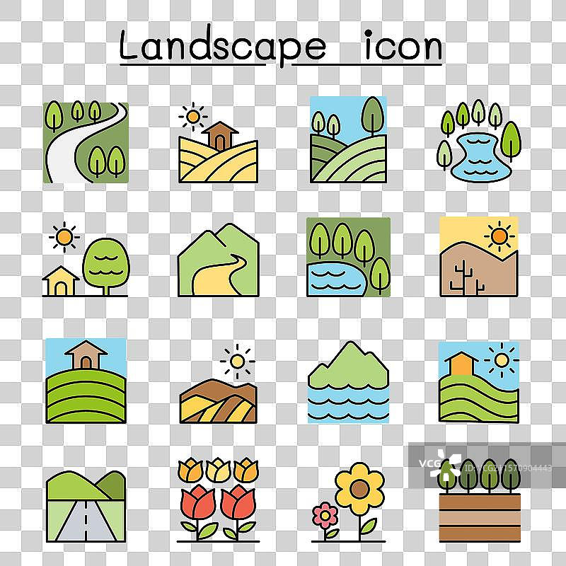 彩色线条风格的风景图标集图片素材