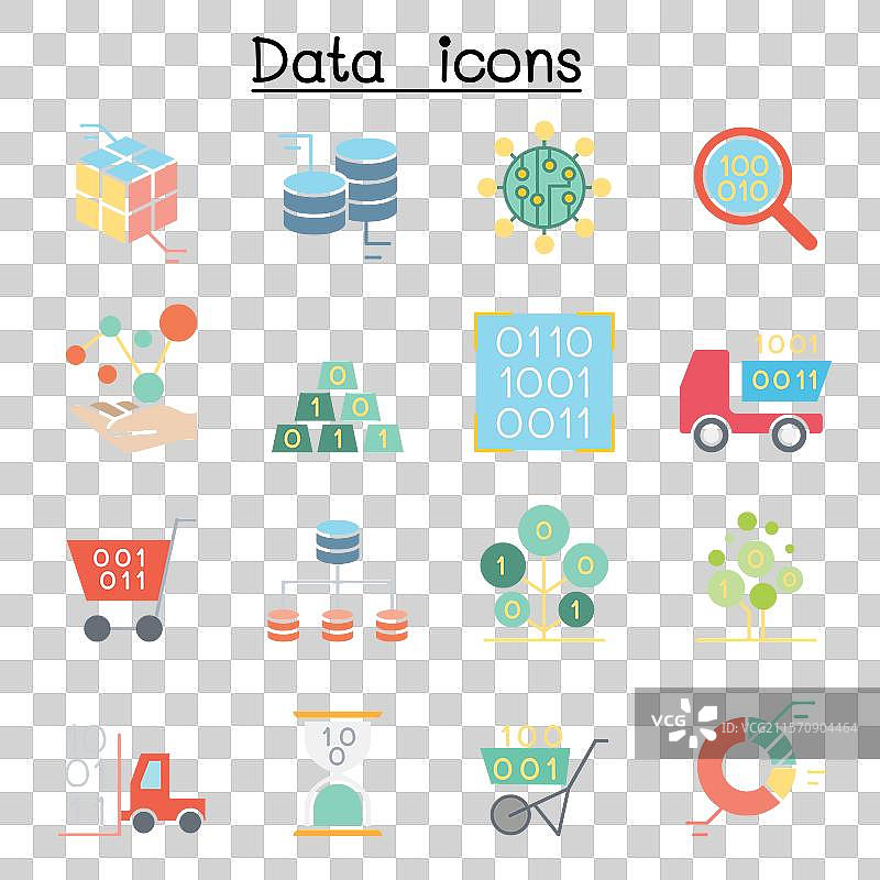 扁平色彩的数据库数据和图表图标集图片素材