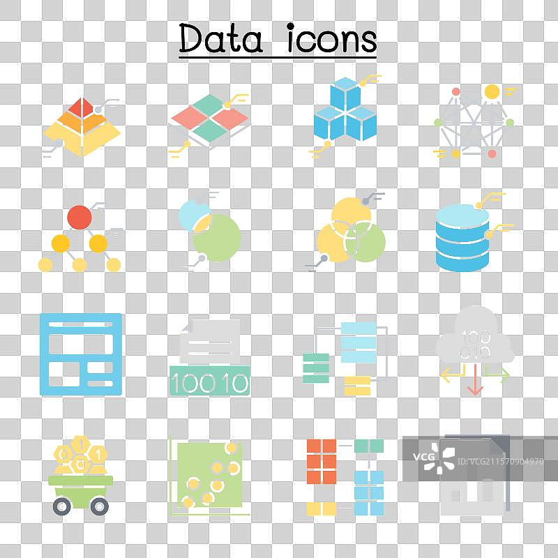 扁平色彩的数据库数据和图表图标集图片素材