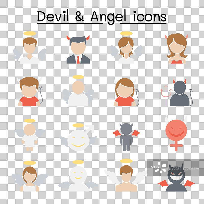 平面色彩风格的恶魔与天使图标集图片素材