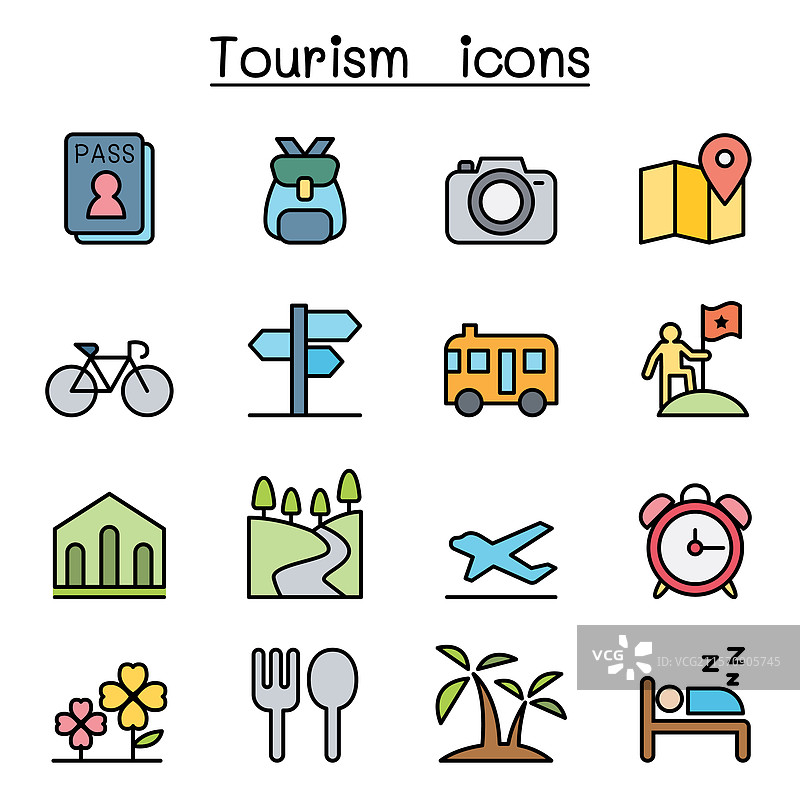 彩色线条风格的旅游图标集图片素材