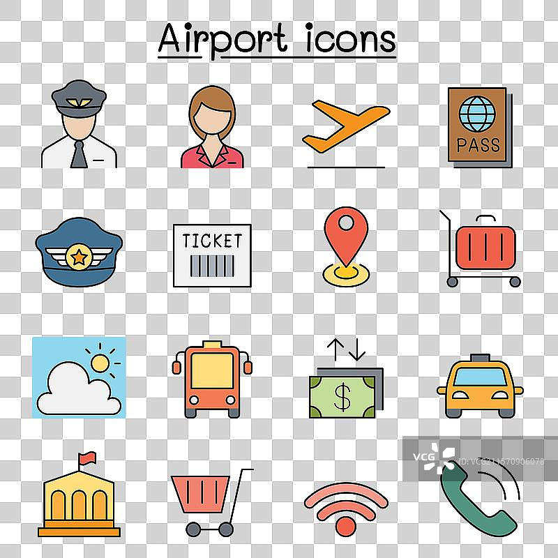 彩色线条风格的机场图标集图片素材